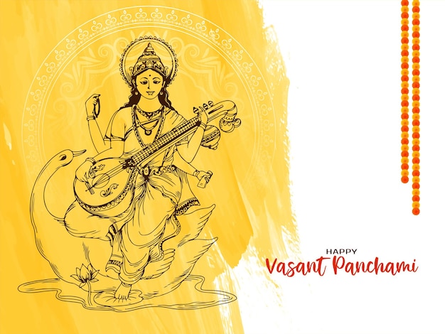 Vetor grátis feliz cartão de celebração do festival vasant panchami com a ilustração da deusa saraswati