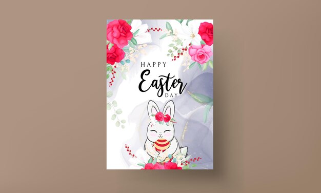 Feliz cartão de páscoa com ovo de páscoa de coelho fofo e lindas flores