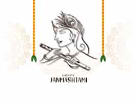 Vetor grátis feliz cartão do festival janmashtami com vetor de design de arte de linha krishna