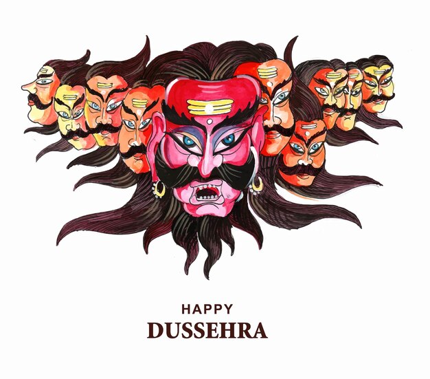 Feliz celebração dussehra ravana zangada com design de cartão de dez cabeças