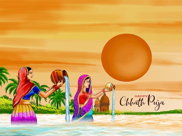 Vetor grátis feliz chhath puja sun adorando feriado indiano vetor de fundo