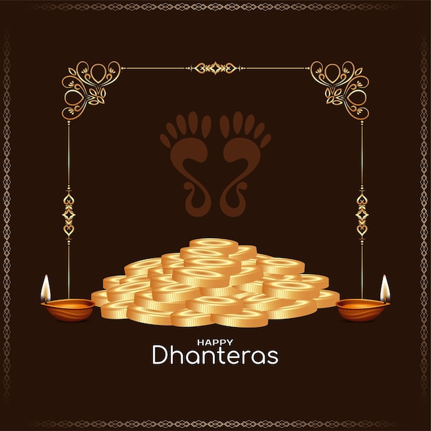 Feliz dhanteras festival indiano fundo castanho com moedas de ouro vetor