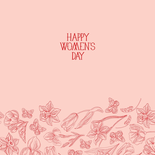 Feliz dia da mulher cartão com muitas flores à direita do texto em vermelho com ilustração vetorial de saudações