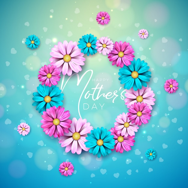Vetor grátis feliz dia das mães cartão design com letra flor e tipografia sobre fundo azul.