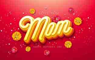 Vetor grátis feliz dia das mães ilustração com flor de primavera e letras de tipografia 3d mãe em fundo vermelho