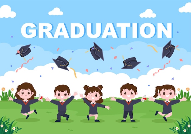 Feliz dia de formatura dos alunos comemorando a ilustração vetorial de fundo usando traje acadêmico, chapéu de pós-graduação e diploma de graduação em estilo simples