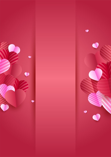 Feliz dia dos namorados cartão com corações de papel pendurados e formas de amor desfocadas Vetor Premium