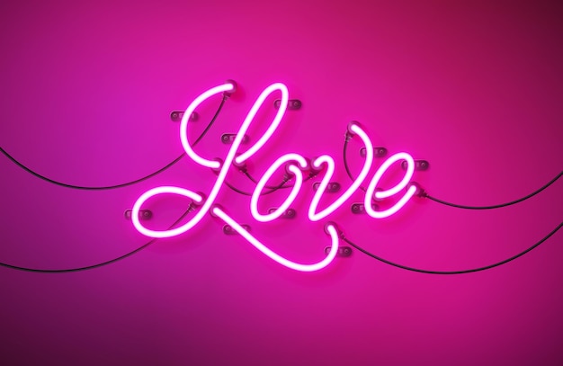 Feliz dia dos namorados design com brilhante neon love letter no fundo rosa vector casamento romântico