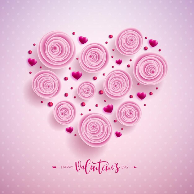 Feliz Dia dos Namorados Design com Flor Rosa em Forma de Coração e Carta de Tipografia Manuscrita