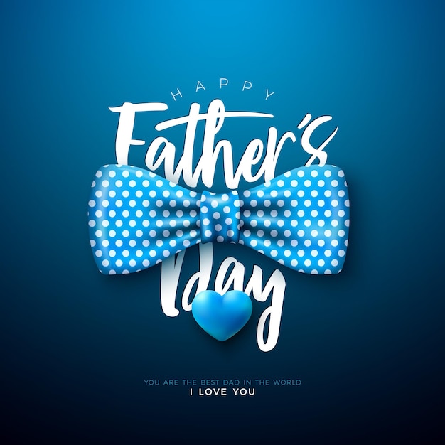 Feliz dia dos pais cartão design com gravata borboleta pontilhada e coração azul sobre fundo azul escuro