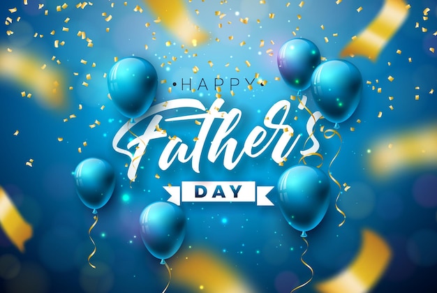 Feliz Dia dos Pais Design de cartão com balão azul e confetes caindo no fundo brilhante