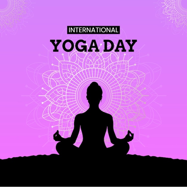 Feliz Dia Internacional do Yoga Fundo Preto Roxo Banner de Design de Mídia Social Vetor Grátis