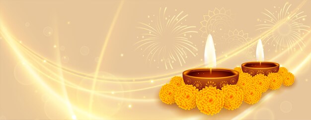 Feliz diwali diya brilhante e estandarte de flor de calêndula