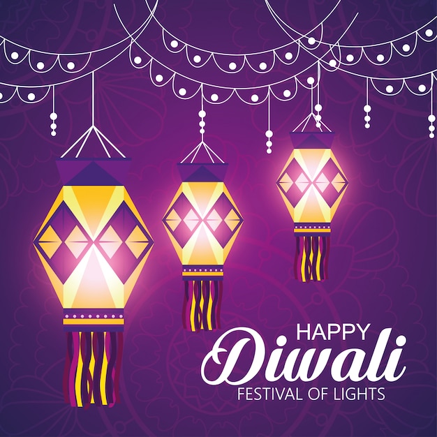 Feliz diwali festival de luzes com lanternas