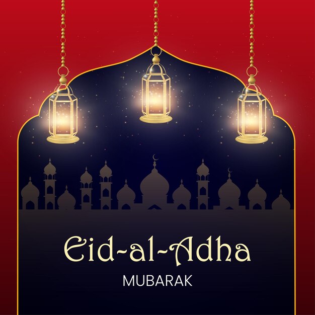 Feliz Eid Al Adha Saudações Fundo Azul Vermelho Banner de Mídia Social Islâmica Vetor Grátis