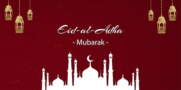 Feliz Eid Al Adha Saudações Vermelho Branco Fundo Dourado Banner de Mídia Social Islâmica Vetor Grátis