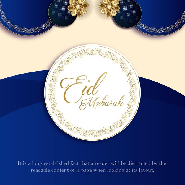 Feliz Eid saudações azul fundo branco banner de mídia social islâmica Vetor grátis