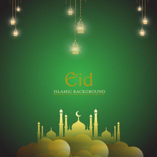 Feliz Eid saudações fundo verde pinho banner de mídia social islâmica