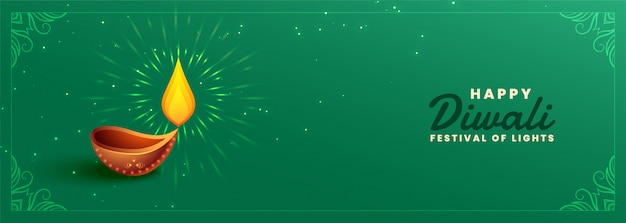 Vetor grátis feliz festival diwali verde banner com diya