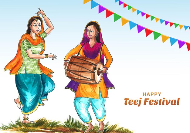 Feliz festival hariyali teej com fundo de cartão de dança de mulher