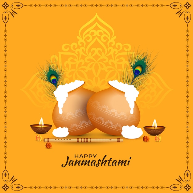 Feliz festival Janmashtami cumprimentando fundo amarelo
