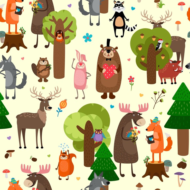 Vetor grátis feliz floresta animais sem costura de fundo.