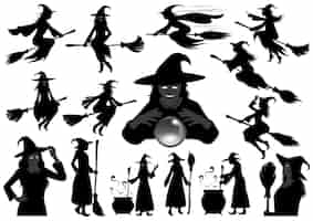 Vetor grátis feliz halloween bruxa ilustração vetorial silhueta conjunto isolado em um fundo branco.