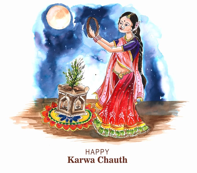 Feliz karwa chauth cartão celebração aquarela design