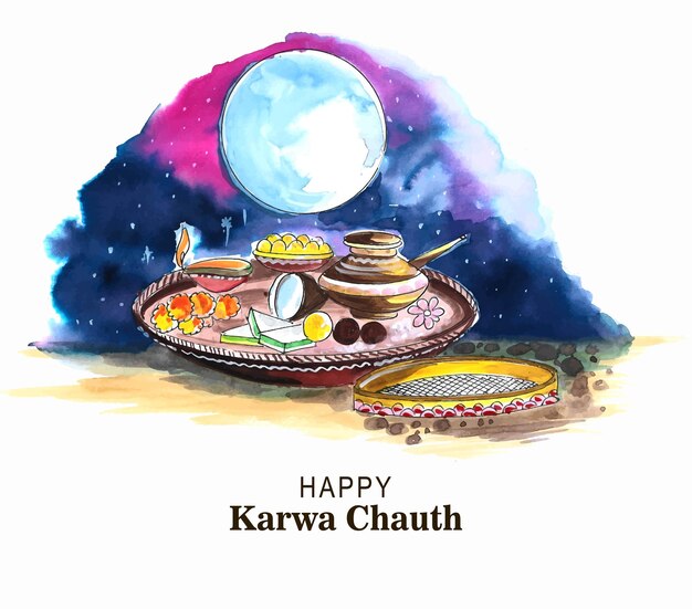 Feliz karwa chauth cartão celebração aquarela design