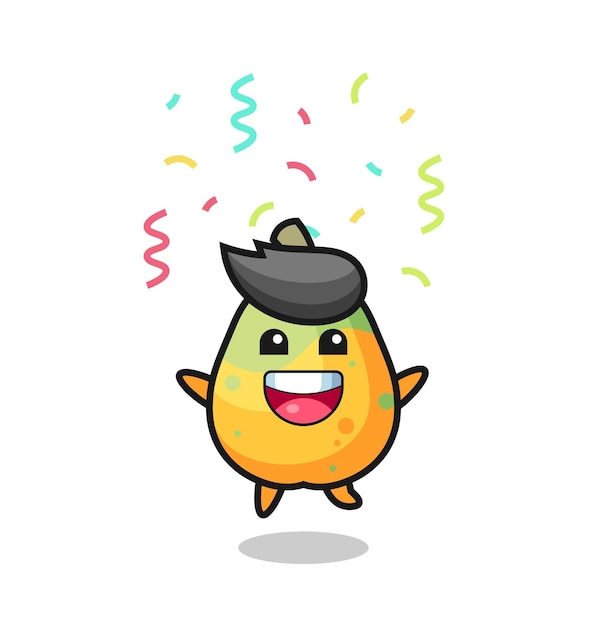 Feliz mascote mamão pulando para parabéns com confetes coloridos Vetor Premium