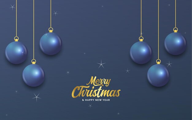 Vetor grátis feliz natal banner azul escuro com bolas cartão de natal ilustração vetorial