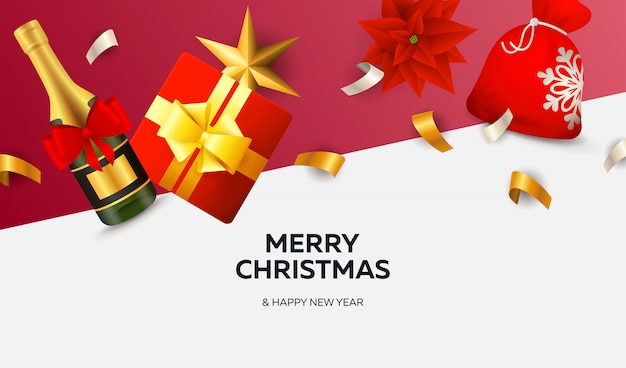 Vetor grátis feliz natal banner com fitas no chão branco e vermelho