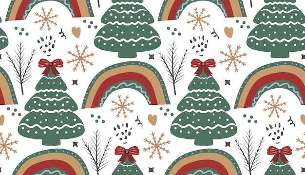 Feliz natal boho padrão sem emenda. feriado de inverno boêmio, repetindo o estilo de desenho de mão de textura. pão de mel, flocos de neve, árvore de natal. ilustração vetorial.
