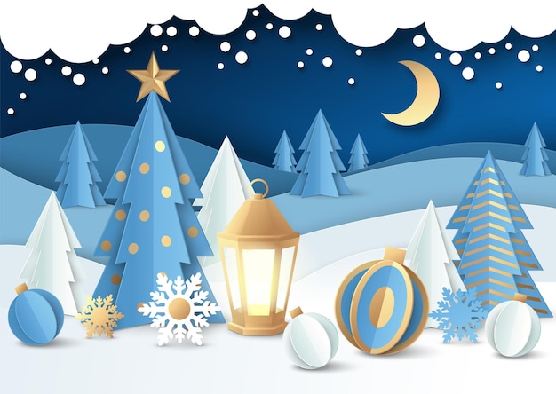 Feliz natal cena vetor papel cortar ilustração árvore de natal com bolas lanterna inverno noite f ... Vetor Premium