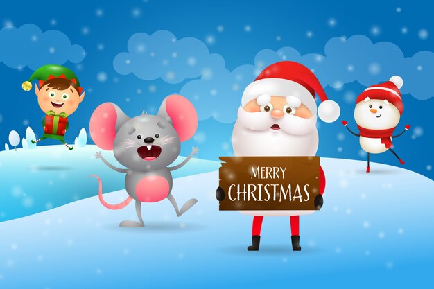 Feliz Natal com Papai Noel e personagens de desenhos animados