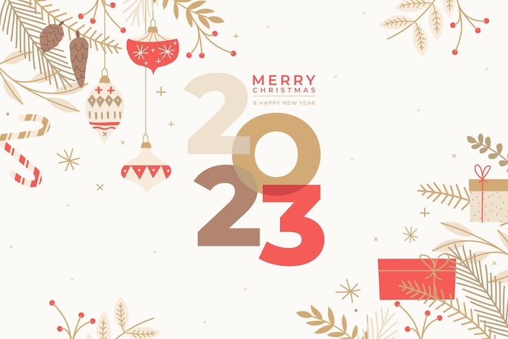 Vetor grátis feliz natal e feliz ano novo com decoração desenhada à mão e florais