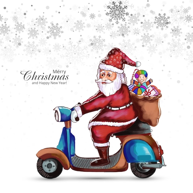 Vetores de Natal Feliz Papai Noel Em Uma Moto Apertar Jingle Bell