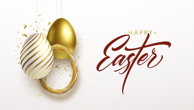 Feliz Páscoa letras fundo com 3D glitter dourado realista decorado ovos, confetes. Ilustração vetorial EPS10