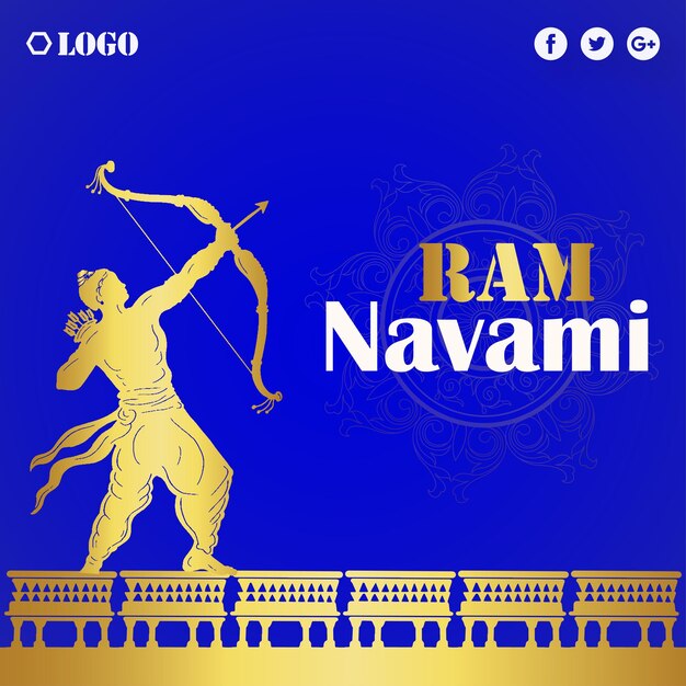 Vetor grátis feliz ram navami saudações azul real fundo dourado festival hinduísmo indiano banner de mídia social vetor grátis