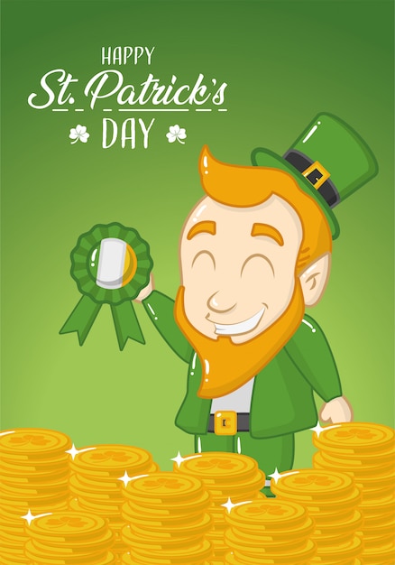 Feliz st patricks dia cartão verde, duende com moedas