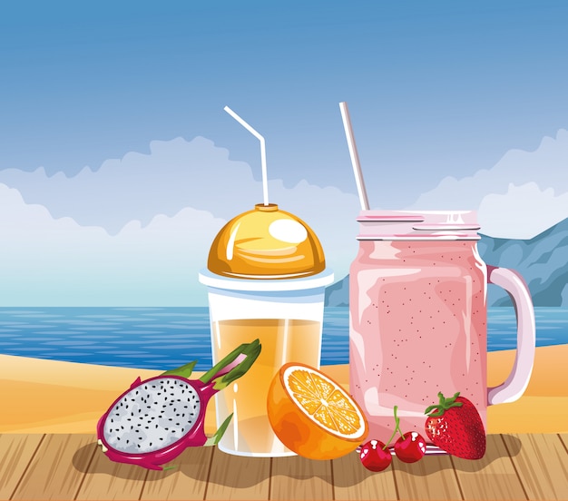 Férias de verão e praia em estilo cartoon