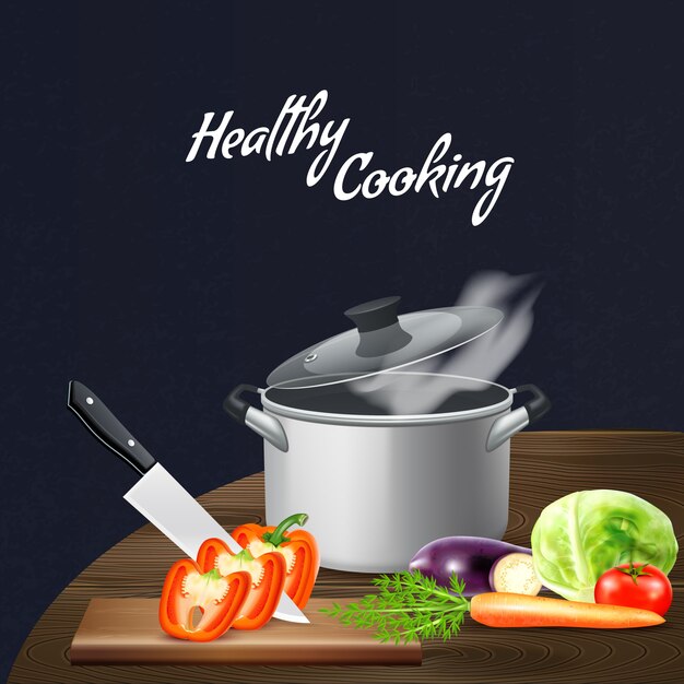 Ferramentas de cozinha realista e legumes para nutrição saudável na mesa de madeira na ilustração preta