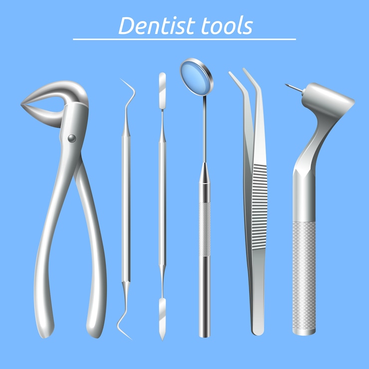 Vetor grátis ferramentas de dentista realista e dente conjunto de equipamentos de saúde