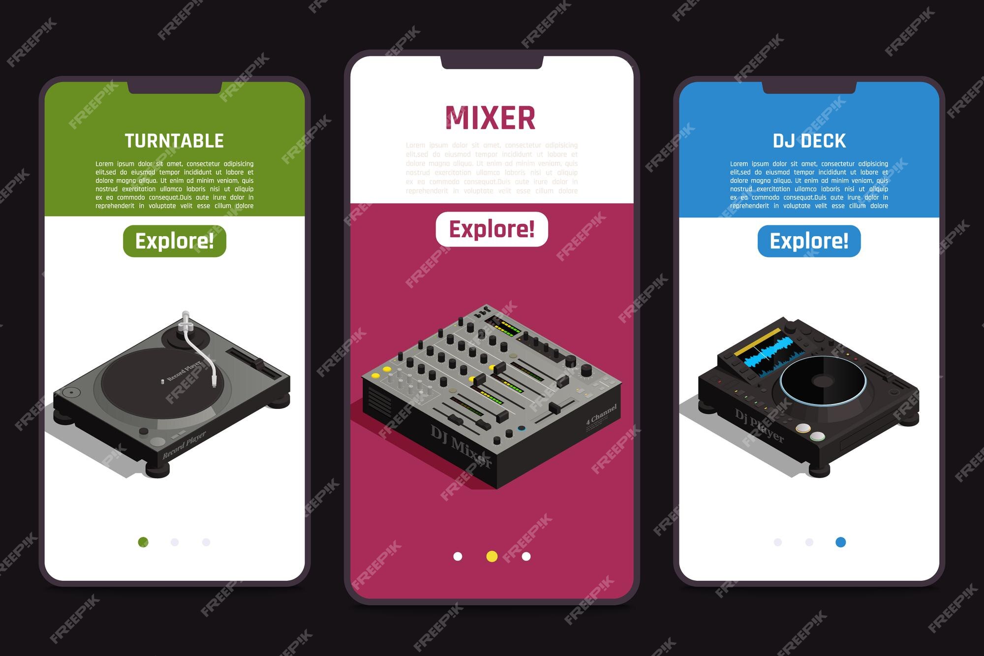 Desmantelar R encima Ferramentas de dj online 3 telas isométricas de smartphones móveis  definidas com mesa giratória e mesa de mistura e equipamentos de ilustração  | Vetor Grátis