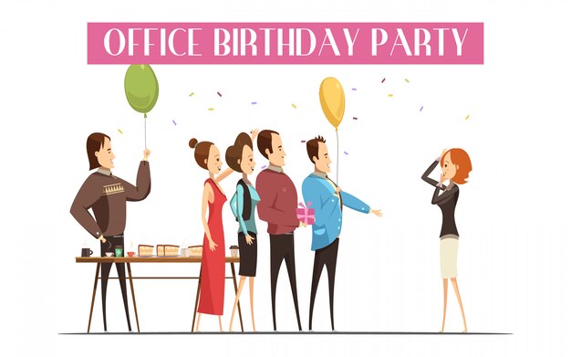 Festa de aniversário no escritório com pessoas alegres bolo e bebida presente