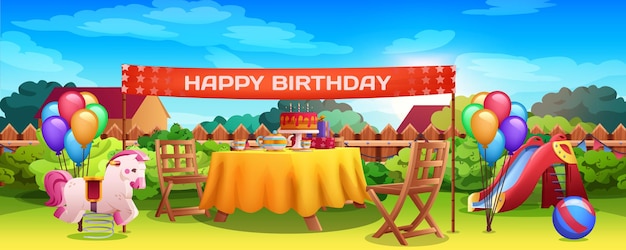Festa infantil de feliz aniversário dos desenhos animados com decoração de férias no quintal. mesa festiva com bolo e velas. celebração de crianças no gramado com escorregador, cavalo de balanço rosa e cachos de balões.