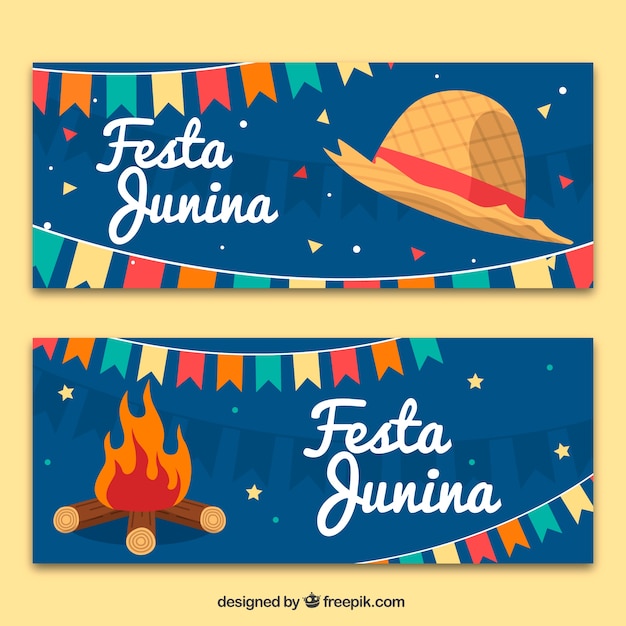 Vetor grátis festa junina bandeiras com chapéu e fogueira