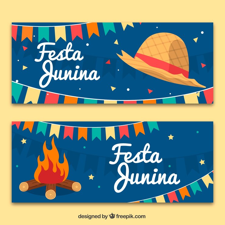 Vetor grátis festa junina bandeiras com chapéu e fogueira
