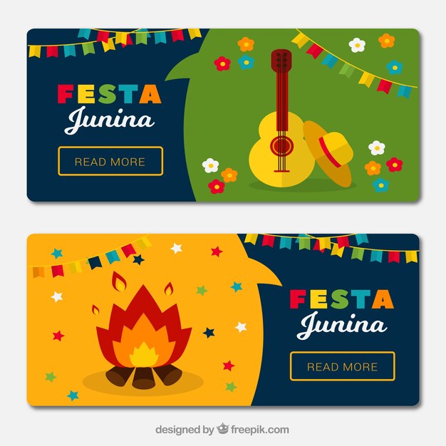 Vetor grátis festa junina banners com fogueira e guitarra