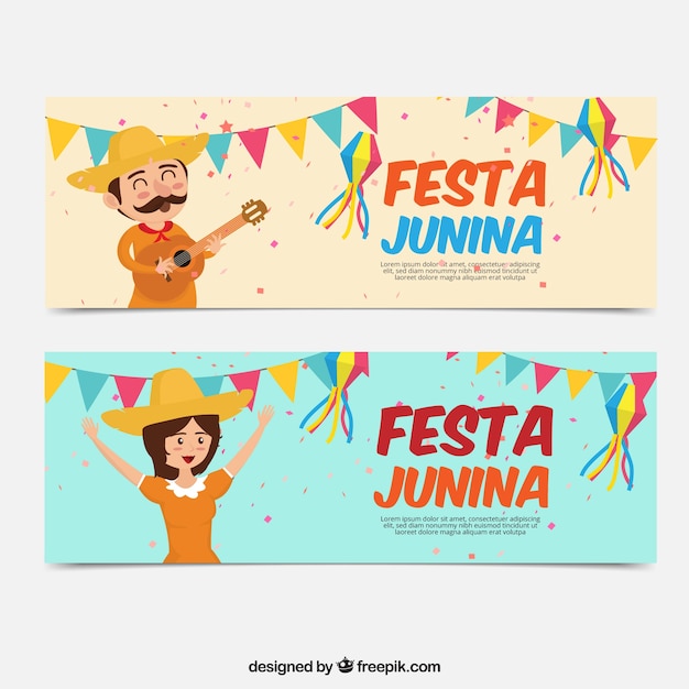 Vetor grátis festa junina banners com personagens agradáveis